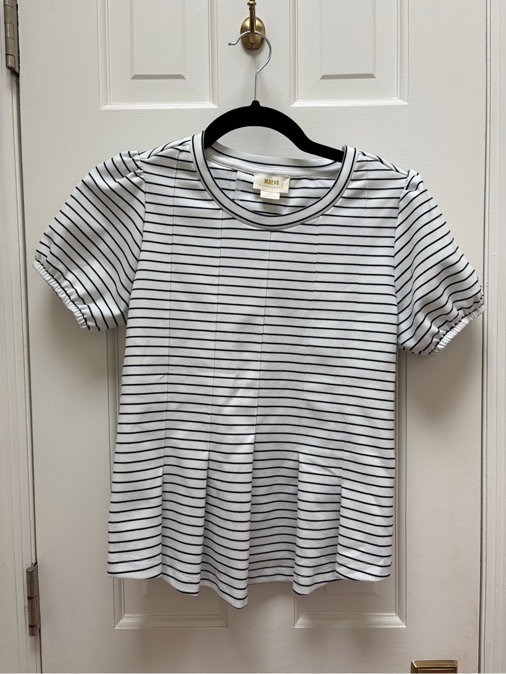 Maeve by Anthropologie White and Black Striped Peplum Top